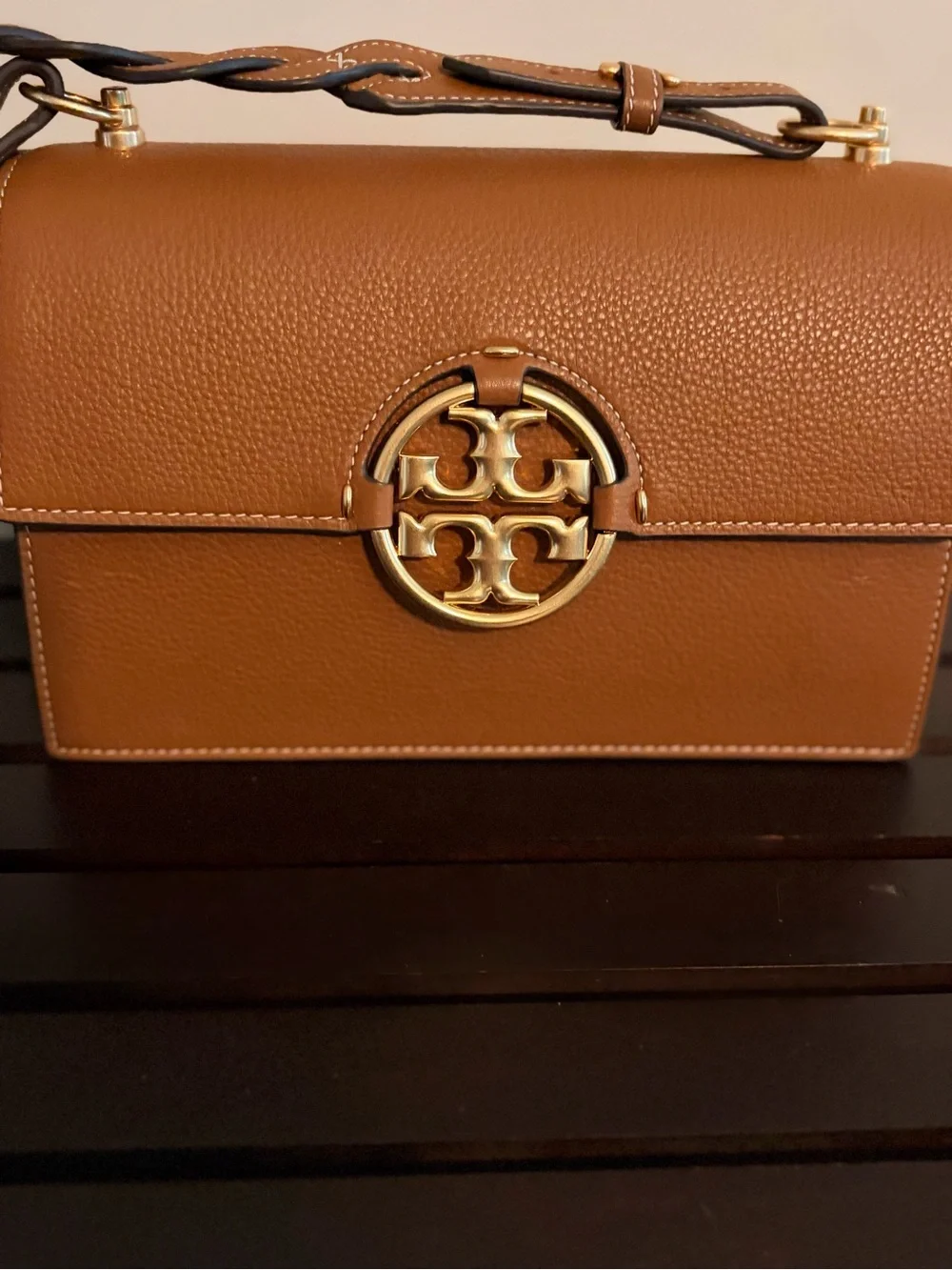 Tory Burch Tan Leather Shoulder Bag with Gold Logo Medallion